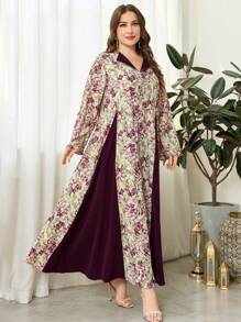 Al Najma Vestido holgado con estampado floral, parches y cuello, tallas grandes para mujer