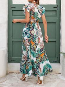 SHEIN Clasi Vacation Dress,Allover Floral Print Summer Long Dress For Women,Lotus Leaf Cap Sleeves With Waist Cinched A Hem, Elegant Lotus Leaf Hem Summer Dress