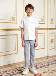 2pcs Tween Boy Gentleman Patchwork Pocket Short Sleeve Shirt With Long Pants Outfit, Suitable For Outing, Gathering, Party, Holiday - White - View 8