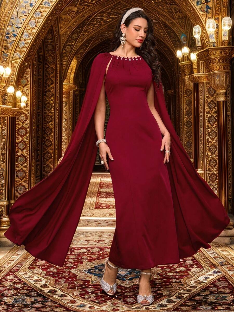 Modelyn Gaun Panjang Kasual Wanita untuk Hari Valentine Musim Semi, Gaun Malam Panjang Warna Polos Sederhana untuk Pemakaian Sehari-hari Rosso Ancora - Burgundy - View 1