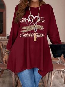 EMERY ROSE Plus Size Casual Leopard Print Heart Full Pattern Long Sleeve Loose T-Shirt - Multicolor - View 1
