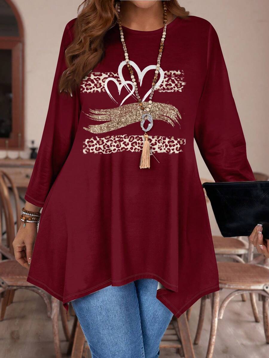 EMERY ROSE Plus Size Casual Leopard Print Heart Full Pattern Long Sleeve Loose T-Shirt - Multicolor - View 1