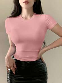 DAZY Solid Color Round Neck Tight-Fitting Short Sleeve Women T-Shirt, Simple Fashion Casual Daily Wear Summer - Pink - View 2
