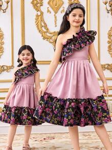 SHEIN Young Girls Asymmetrical One Shoulder Jacquard Patchwork Ruffle Hem A-Line Dress ,Spring/Summer Ramandan Style Matching Family Vacation , A-Line Dress,Cake Dress,Gorgeous Princess, Formal Attire,Sibling Outfits,Party Wear ,Birthdays Sisters Outfit - Multicolor - View 3