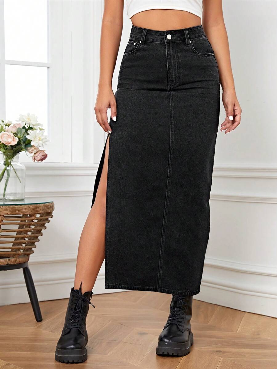 SHEIN Tall Y2K Style Side Slit Fitted Non-Stretch Sexy Denim Skirt For Women - Black - View 1