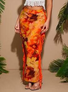 SHEIN SXY Falda informal de mujer con estampado floral de malla naranja, decorada con flecos, ideal para vacaciones de principios de primavera y playa