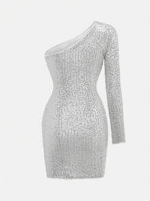 Teen Girls' Solid Color Mesh Sequin Decor Long Sleeve Snug Fit Mini Dress