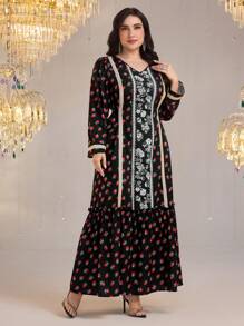 Al Najma Plus Size Women Floral Print Patchwork Ribbon V-Neck Long Sleeve Dress - Multicolor - View 6