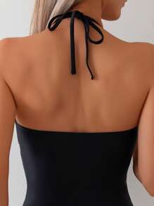 SHEIN Swim 1pc Sexy Backless Black Solid Color Splicing Mesh Spring Break One Piece Swimsuit For Women, New For Summer Beach Vacation - Black - View 5