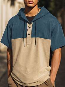 Manfinity Hypemode Men Casual Ribbed Splice Color Block Hooded Short Sleeve T-Shirt