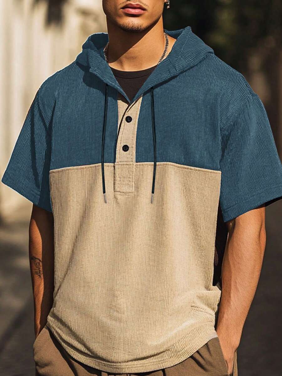 Manfinity Hypemode Men Casual Ribbed Splice Color Block Hooded Short Sleeve T-Shirt