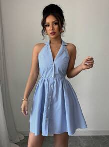SHEIN Elenzya 女式翻领单排扣休闲条纹迷你连衣裙 - 藍白色 - 查看 5