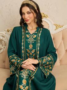 Al Najma Premium Mesh Floral Embroidery Panel Elegant Solid Color Dress For Women, Kaftan & Jalabiya, Luxury Evening Dresses For Women,Modest - Dark Green - View 3