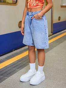 SHEIN Jeans corti a vita alta per ragazze pre-adolescenti, stile Y2K anni 2000, lavati, casual, ampi, a gamba larga, lunghezza al ginocchio, abbigliamento autunnale per ragazze, look da strada per il ritorno a scuola