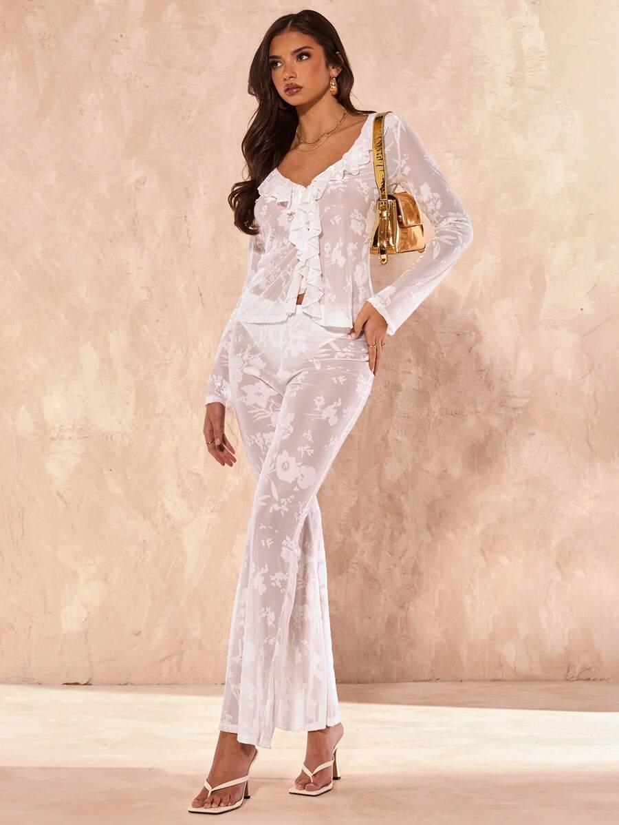 SHEIN BAE 2pcs/Set Women White Textured Floral Dobby Long Sleeve Ruffle ...