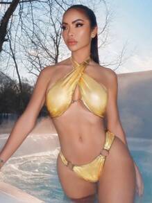 Swim SXY Women's Spring Break Beach Wear Summer 2 Pieces Outfit, Solid Color Criss-Cross Pearl Strap Sexy Open Back Circular Ring Bikini Set, Boho Festival - Gold - View 1