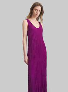 Ontre Purple Bohemian V-Neck Asymmetrical Pleated Loose Sleeveless Dress For Women, Summer - Red Violet - View 5