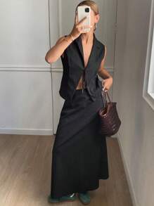 DAZY Old Coins Design Women Casual Suit: Sleeveless Tie-Up Jacket And A-Line Skirt, Spring/Summer Business Attire - Black - View 4