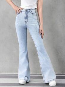 SHEIN 青少年女孩休闲时尚简约设计洗水浅蓝色喇叭牛仔裤 - 淺色水洗藍 - 查看 6