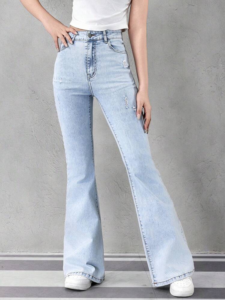 SHEIN Elladie kids Teen Girl Casual Fashion Simple Design Washed Light Blue Flared Jeans Summer Holiday - Light Wash - View 6