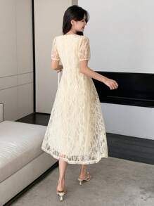 DAZY Women Square Neck Lace Short Sleeve Long Dress