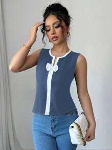 Elenzga 女士无袖蝴蝶结针织撞色休闲背心图案 T 恤女士上衣