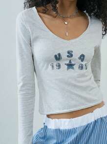 Easelle Spring/Summer Going Out Light Grey Letter & Number Print Embroidered Knit Fitted Women's T-Shirt