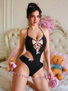 SHEIN 女式亮面蝴蝶结设计性感连体衣