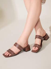 CUCCOO CHICEST Women's Laser Cutout Flower, Rhinestone Embellished Thick Block Heel Open Toe Strap Sandals, Brown - Brown - View 10