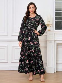 Lacomfia 长袖休闲阿拉伯风格连衣裙，简约时尚，适合日常穿着 - 黑色 - 查看 3