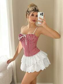 Sweetina Women's Y2k Spring Summer Outfits For Women Camisole Contrast Red Plaid Mini Dress With Ruffle Hem - Multicolor - View 6