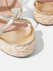 Styleloop 女士编织绳厚底坡跟凉鞋，度假风格波西米亚风复古美式西部音乐节派对装 - 金色 - 查看 3