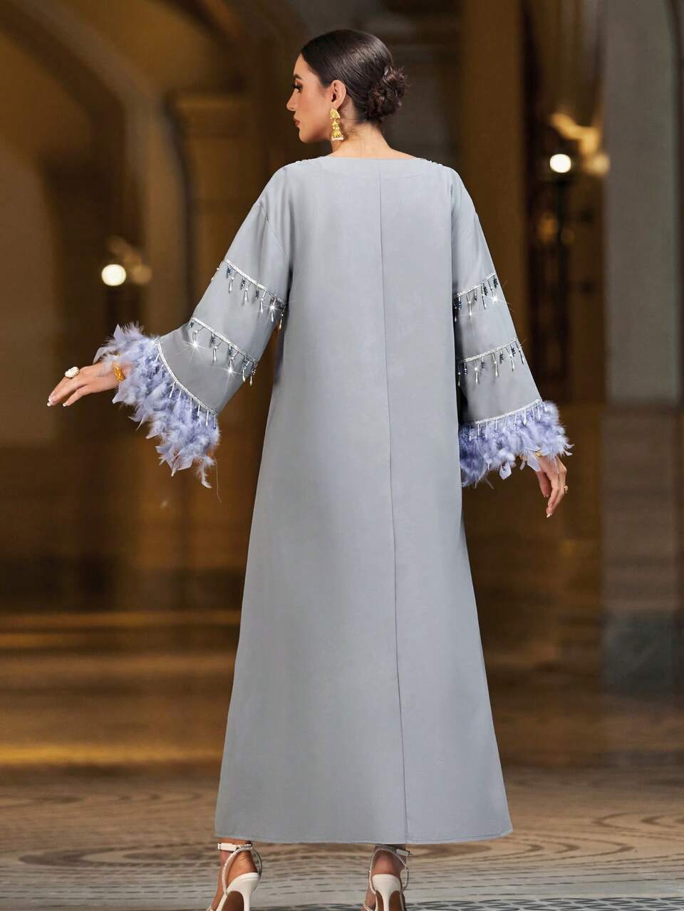 Feather Cuff & Woven Strap Spliced Fringe Decorated Trumpet Sleeve Long Dress, Modest Kaftan