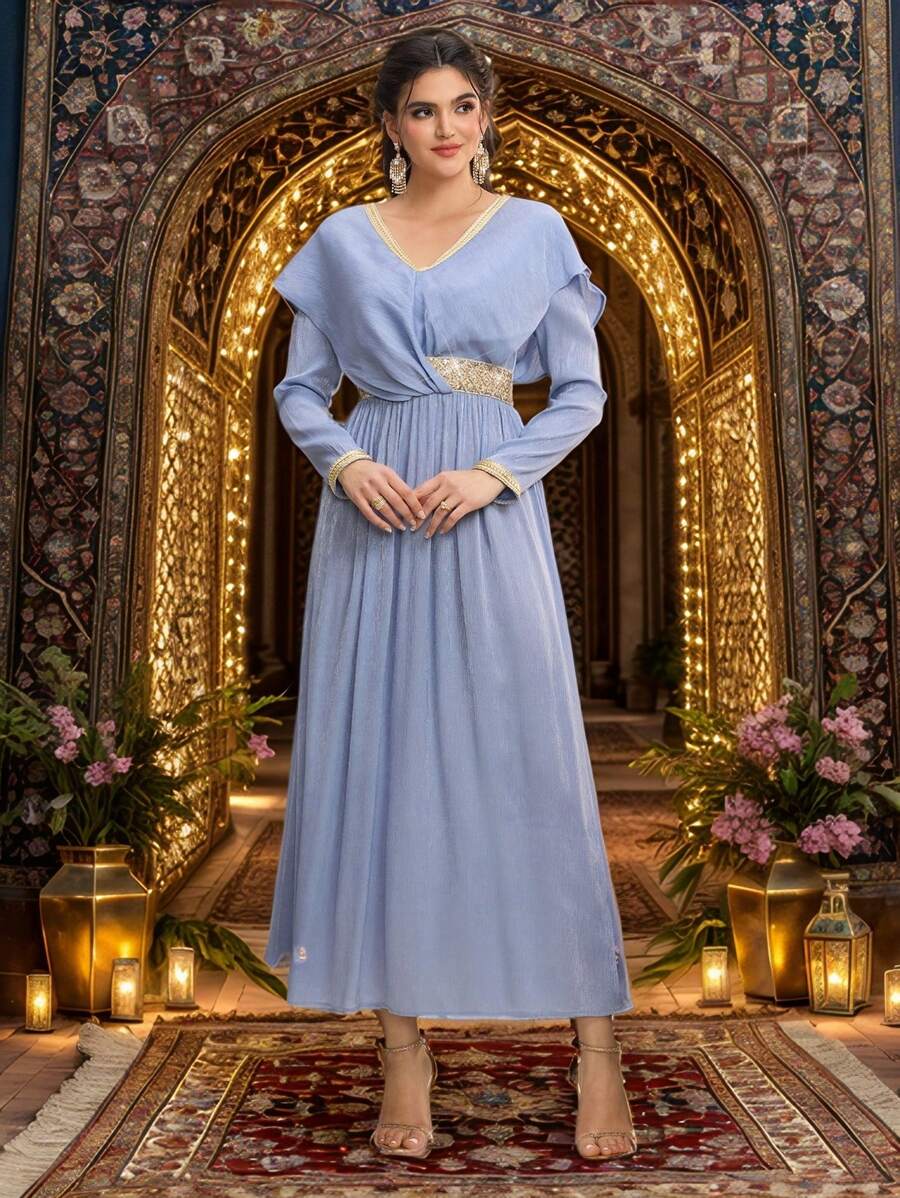 SHEIN Najma Váy dài tay cổ chữ V chắp vá màu xanh lam cho nữ theo phong cách Ả Rập tối giản, váy Ả Rập, ngày lễ tình nhân mùa xuân - Màu xanh bụi bặm - Xem 1