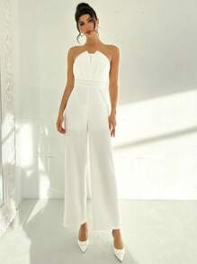 Firerie Spring/Summer New Romantic Elegant Design Daily Commute Asymmetrical Neck Waist Ruched Wide Leg Jumpsuit,Graduation,Teacher Outfits For Women,Back To School - White - View 4