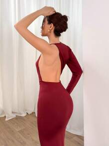 Aloruh Vestido rojo largo, recto y ajustado con mangas extra largas, asimétrico y con espalda descubierta, para mujer en primavera y verano, de estilo de vanguardia y sexy para vacaciones