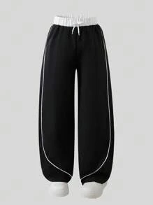 Sparklyn Tween Girl Casual All-Match Street Sports Versatile Black & White Contrast Trim Loose Wide Leg Pants,Holiday,Summer,Travel - Black - View 4