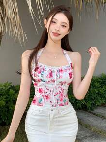 DAZY Women's Vacation Beach Ditsy Floral Lace Patchwork Spaghetti Strap Backless Crop Camisole Top For Spring/Summer,Boho Top - White - View 4