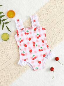 SHEIN Newborn One-Piece Swimsuit With Strawberry Plaid Print, Ruffle Trim & Bow Design, Cute