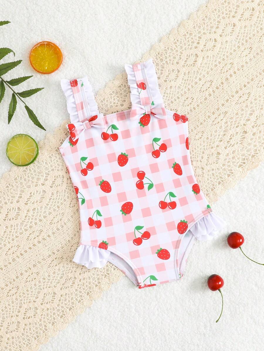 SHEIN Traje de baño de una sola pieza con estampado a cuadros de fresa, volantes y diseño de lazo, lindo para recién nacidos - Multicolor - Ver 1