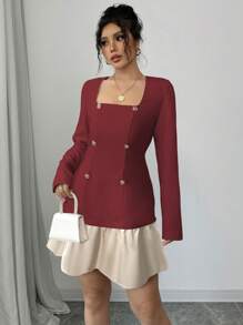 Elenzga Women Elegant Casual Commuter Square Neck Double-Breasted Contrast Color Ruffle Hem Short Sleeve Mini Dress Fall Cloth For Women - Red - View 3