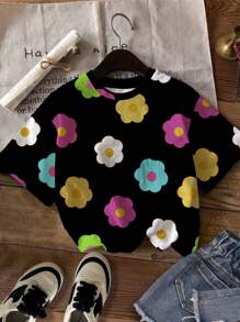 SHEIN Colorful Flower Print Black Tween Girls Casual Simple Short Sleeve Crew Neck T-Shirt, Suitable For Summer - Black - View 2