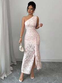 Elenzga Vestido elegante y romántico con hombro oblicuo con textura y volantes en el bajo - Rosa - Ver 5