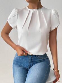 RosyDaze Women's Elegant Casual Solid Color Lace Patchwork Pleated Collar Lantern Sleeve Blouse - White - View 6