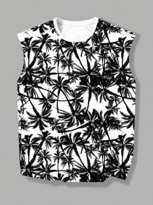 Manfinity Dauomo Camiseta de tirantes de cuello redondo para hombres con estampado botánico de borde crudo casual, adecuada para vacaciones