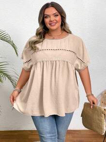 SHEIN CURVE+ Plus Size Swiss Dot Contrast Lace Dolman Sleeve Blouse - Apricot - View 3