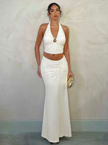 SHEIN BAE 早春女士花园派对优雅装，露背金属扣装饰紧身上衣和褶皱紧身迷你裙，适合浪漫约会、与朋友聚会、早春郊游和派对