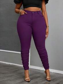 SHEIN Plus Size Women Purple Personalized Cuff Waist Elastic Skinny Pants Plus Size Pants Basic Style Summer Skinny Pants Casual Style