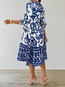 SHEIN Lady Vestidos elegantes de primavera y verano para mujer, conjuntos de vacaciones, vestidos de cumpleaños, vestidos de boda y vestidos de invitada de boda, vestidos de verano, ropa de iglesia. Vestido de mujer con diseño de manga y lazo en estampado floral azul - Azul - Ver 2