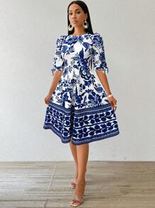 SHEIN Lady Vestidos elegantes de primavera y verano para mujer, conjuntos de vacaciones, vestidos de cumpleaños, vestidos de boda y vestidos de invitada de boda, vestidos de verano, ropa de iglesia. Vestido de mujer con diseño de manga y lazo en estampado floral azul - Azul - Ver 3
